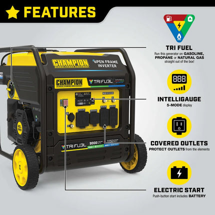 Champion 201176 9000W Tri-Fuel Open Frame Inverter Generator Electric Start