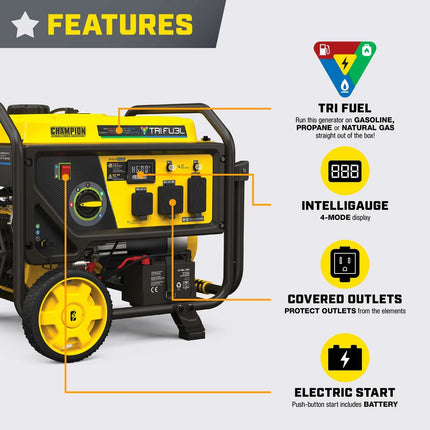 Champion 201223 4000W/5000W Tri-Fuel Generator Gas Propane NG CO Shield Electric Start