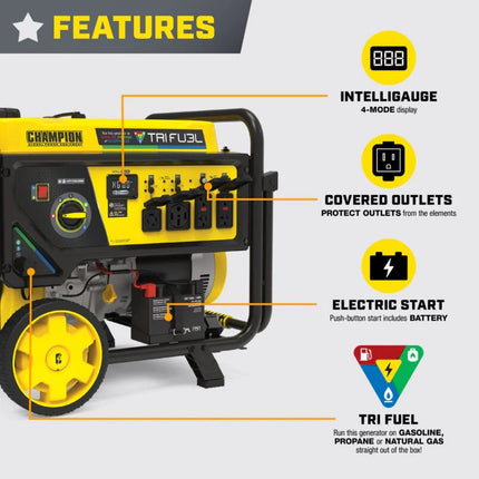 Champion 201438 10000W/12500W Tri-Fuel Generator Gas Propane NG CO Shield Electric Start