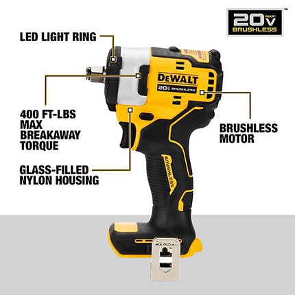 DEWALT Compact 20V MAX Impact Wrench 1/2” Hog Ring Anvil, Brushless Motor, 250 ft-lbs (DCF911B)