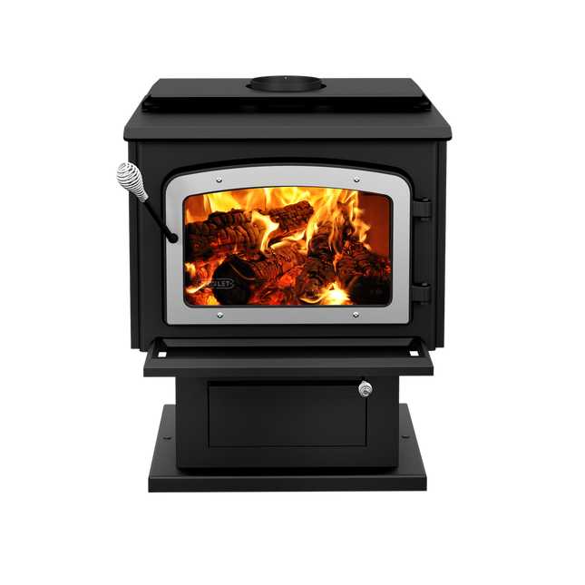 Drolet Escape 1800 2,100 Sq. Ft. Wood Stove Brushed Nickel Door On Pedestal