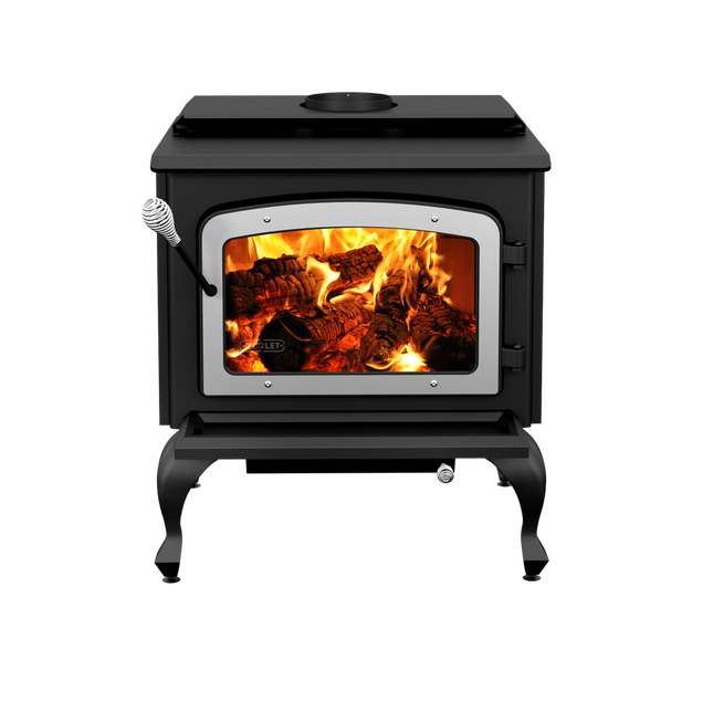 Drolet Escape 1800 2,100 Sq. Ft. Wood Stove Cast Iron Legs With Brushed Nickel Door