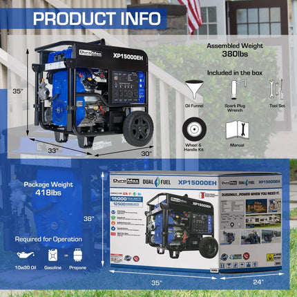 DuroMax XP15000EH Dual Fuel Generator 12500W Running 15000W Peak Electric Start