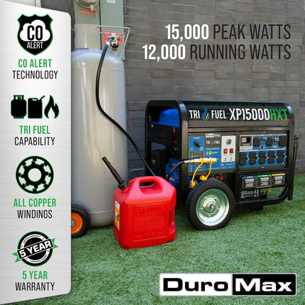 DuroMax XP15000HXT Tri-Fuel Generator 12000W/15000W Gas Propane Natural Gas CO Alert