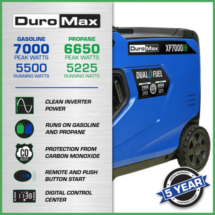 DuroMax XP7000iH 7000W Dual Fuel Inverter Generator with Remote Start & CO Alert