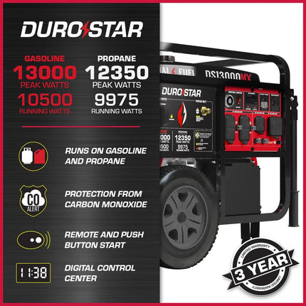DuroStar DS13000MX 10500W/13000W Dual Fuel Generator CO Alert Remote Start