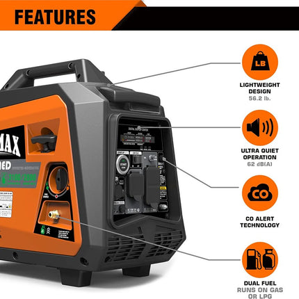 GENMAX GM3500iAED 3500W Dual Fuel Inverter Generator Remote Start CO Sensor