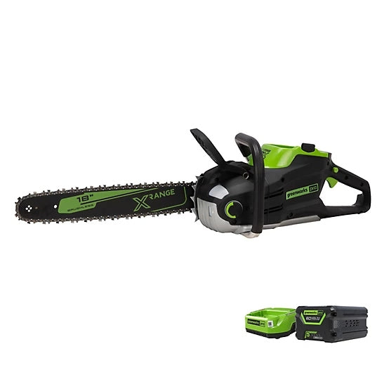 Greenworks 18” 60V Cordless Chainsaw Kit with Battery & Charger