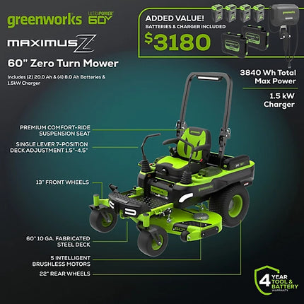 Greenworks MaximusZ 60-Inch 60V Battery-Powered ZTR Mower