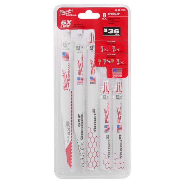 Milwaukee Sawzall 8 pc Wood & Metal Demolition Reciprocating Blade Set