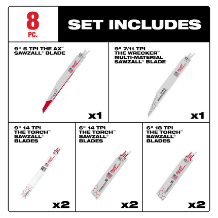 Milwaukee Sawzall 8 pc Wood & Metal Demolition Reciprocating Blade Set