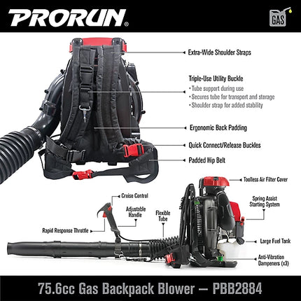 PRORUN 75.6cc Commercial Backpack Leaf Blower