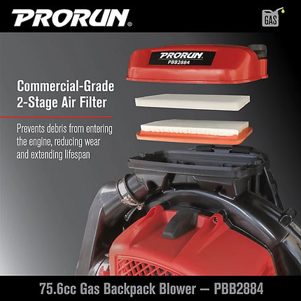 PRORUN 75.6cc Commercial Backpack Leaf Blower