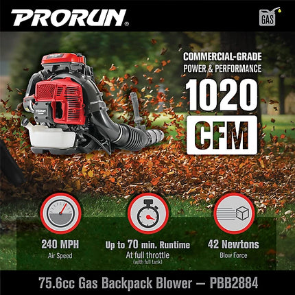 PRORUN 75.6cc Commercial Backpack Leaf Blower