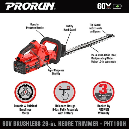 PRORUN 60V 26-Inch Cordless Hedge Trimmer Kit (Includes Battery & Charger)