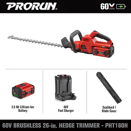 PRORUN 60V 26-Inch Cordless Hedge Trimmer Kit (Includes Battery & Charger)