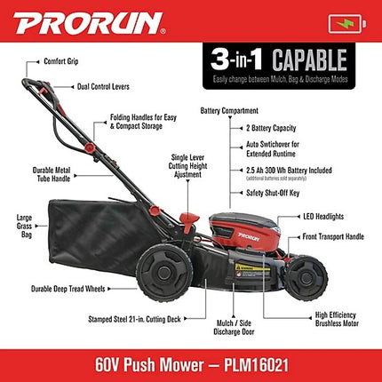 PRORUN 60V 21-Inch Cordless Push Lawn Mower
