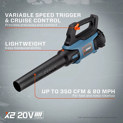 Senix 20V Max Cordless Leaf Blower 80 MPH Air Speed