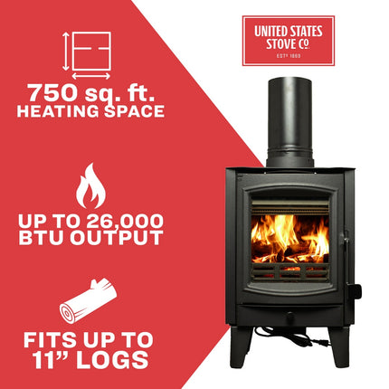 US Stove TH-100 Tiny Wood Stove 750 sq. ft. 26,000 BTU Accepts 11" Logs
