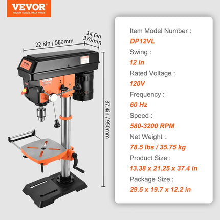 Vevor 12" Benchtop Drill Press Variable Speed with Tilting Table