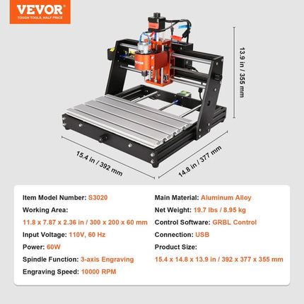 VEVOR 60W CNC Engraver Compact 3-Axis Router Machine