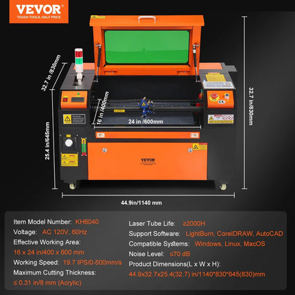 VEVOR 60W CO2 Laser Engraving & Cutting Machine 16" x 24" Work Area