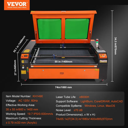 VEVOR 130W High-Power CO2 Laser Engraver 35" x 55" Cutting Table