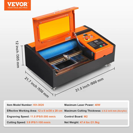 VEVOR 40W Compact CO2 Laser Cutter & Engraver 12x8 Work Area
