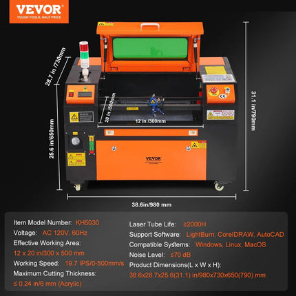VEVOR 50W CO2 Laser Engraving & Cutting Machine 19.7 IPS