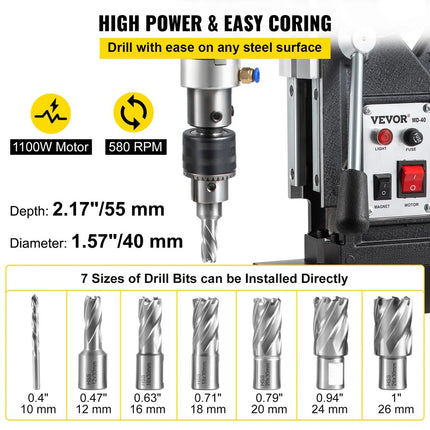 Vevor 1100W Magnetic Drill 1.57" with 12 Drill Bits 580RPM