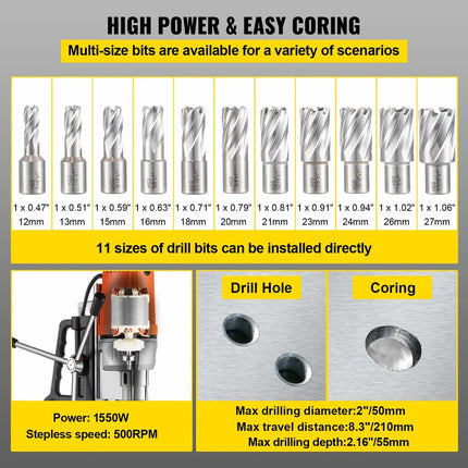 Vevor 1550W Magnetic Drill Press 2" with 11 HSS Annular Cutters