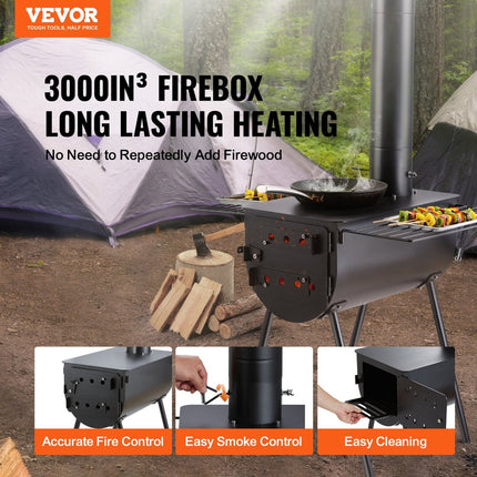 Vevor Tent Wood Stove 118" Alloy Steel Wood-Burning Stove with 3000 Cu. In. Firebox and Chimney Pipes