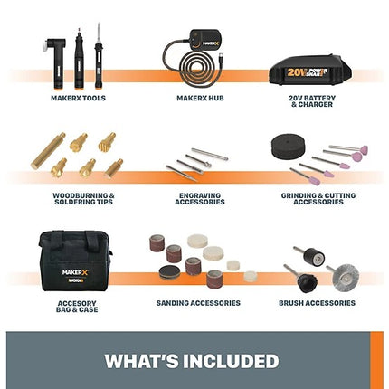 WORX 20V MakerX Kit Rotary Tool Grinder Soldering Iron Wood Burner
