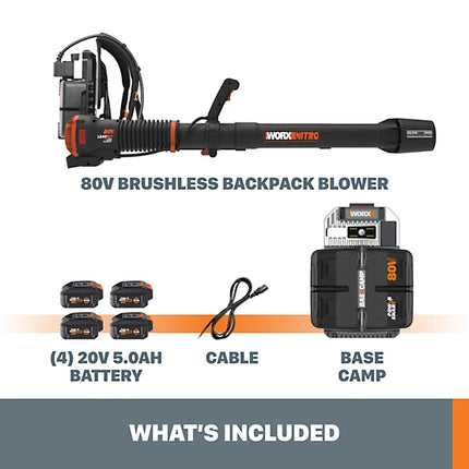 WORX Nitro 80V Brushless Backpack Blower - 800 CFM Hurricane Force (150 MPH Wind Speed)